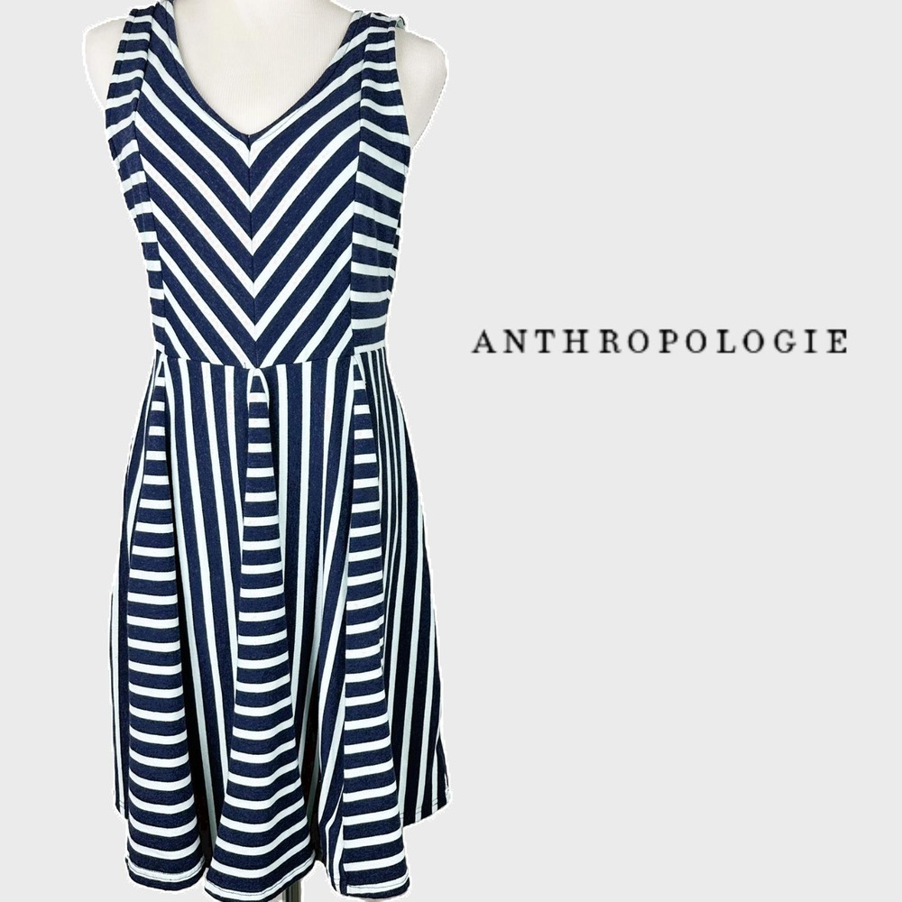Anthropologie Saturday Sunday Striped Fit Flare Dress Navy Mint Green Size M